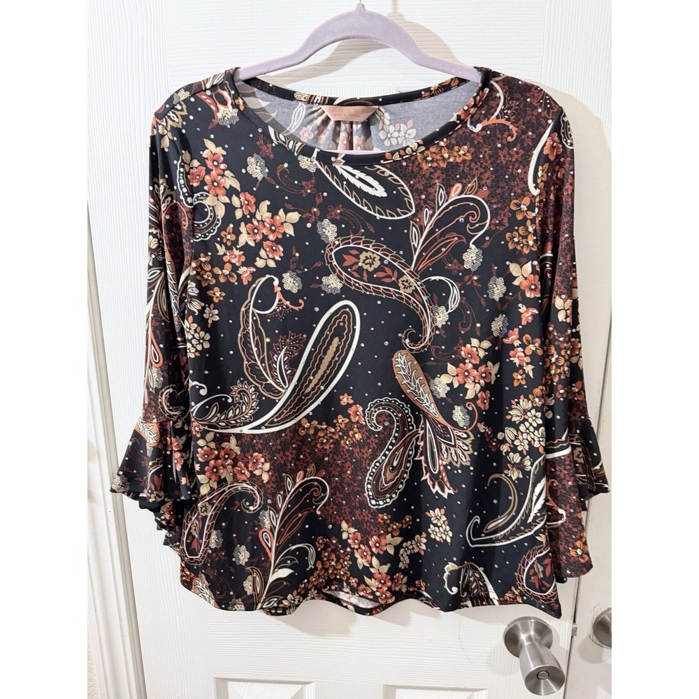 Amana Flared Sleeve Boho Style Top Womens Small Paisley Stretch